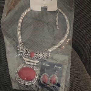 Red Stone Silver-Tone Necklace & Earrings Set